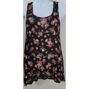 LA Hearts Black Pink Floral Print Tank Top Medium Crochet Back Straps Flowy Soft